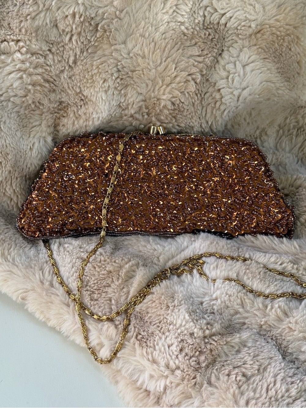 Beaded Amber Evening Clutch with Gold Chain Strap